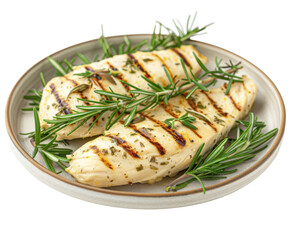 Wall Mural - A plate of succulent grilled chicken breasts garnished with sprigs of fresh rosemary.  PNG without background