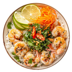 Wall Mural - Delicious bowl of rice, shrimp, greens, lime, and carrots.