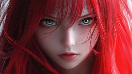 Wall Mural - Face girl anime character 3D beautiful with red lips, red hair background wallpaper AI generated image