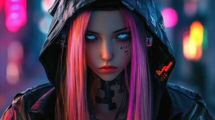 Wall Mural - Anime girl character serious mode mysterious wearing a hood in a modern cyberpunk style background wallpaper AI generated image