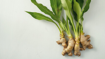 Wall Mural - Fresh harvested ginger roots with green leaves, perfect for organic cooking to promote healthy eating, ginger, root, concept