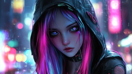 Wall Mural - Anime girl character serious mode mysterious wearing a hood in a modern cyberpunk style background wallpaper AI generated image