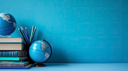 blue abstract background, gradient blue, with stack of books and a globe in the foreground on left side, pens and pencils, on left side with generative ai