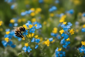 Poster - forget yellow wild wildbiene nots gelb bee vergissmeinnicht biene garten blue blau garden flower nectar fly pollen insect nature macro honey animal green summer spring closeup plant pollination tease