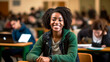 © Anastasiya - A young african black skin female student sits with a smile at a lecture in a university auditorium. Back to school concept.