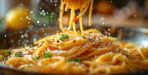 Wall Mural - Delicious Plate of Spaghetti Being Served With Fresh Herbs and Grated Cheese