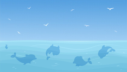 Sticker - Ocean landscape with dolphins silhouettes in water. Sea nature, white seagulls flying in blue sky. Marine animals, underwater vector background