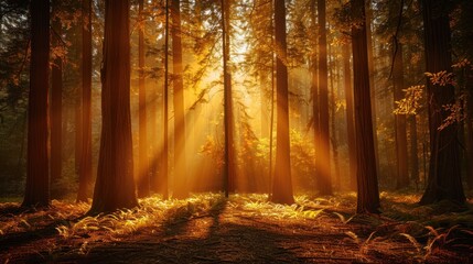 Wall Mural - Golden Sunlight Through Redwood Forest