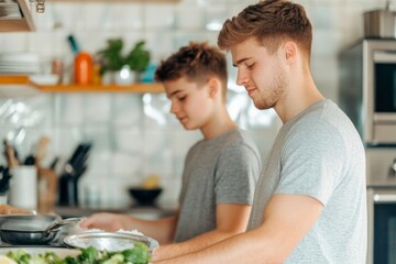 two young brothers preparing healthy meal together in modern kitchen