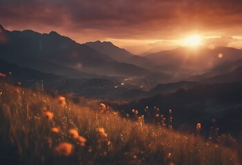 Wall Mural - sunset Beautiful mountains Background Sky Summer Travel Nature Landscape Light Building Sun Beauty Mountain Architecture Blue Orange Color Red Street Old Night Sunrise Europe Natural