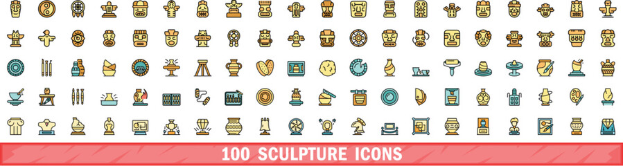 Poster - 100 sculpture icons set. Color line set of sculpture vector icons thin line color flat on white