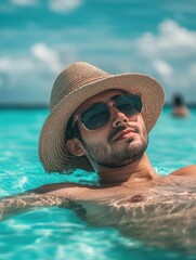 A person swimming in calm waters, wearing a hat and sunglasses for protection from the sun