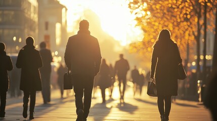 A group of people walking down a street in the sun