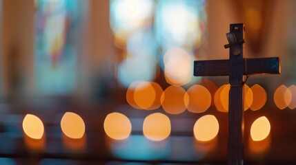 cross church dark blue bokeh blur background at night