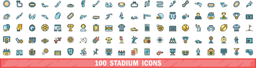 Wall Mural - 100 stadium icons set. Color line set of stadium vector icons thin line color flat on white