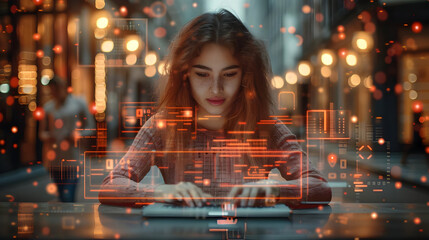 Woman Working on Laptop with Digital Interface Illustration