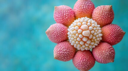 Poster - Closeup of a pink and white flower with a textured surface against a blue background.