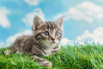 gray and white tabby kitten laying in green grass with blue background white clouds, International Cat Day banner formatted for popular social media. with generative ai