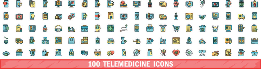 Wall Mural - 100 telemedicine icons set. Color line set of telemedicine vector icons thin line color flat on white