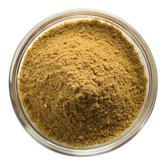 A top view clear glass Bowl of cumin powder isolated on a transparent background