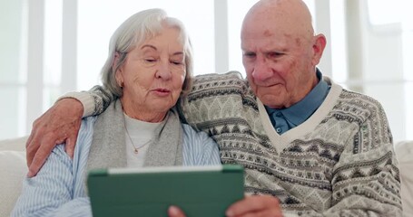 Poster - Home, hug and senior couple with tablet, conversation and connection with social media, online reading and relax. Apartment, elderly man and old woman with technology, mobile user and digital app