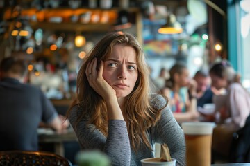 Thoughtful young woman in a bustling cafe. Ideal for concepts of contemplation, daily life, and social settings. Great for lifestyle blogs, marketing, or social media.