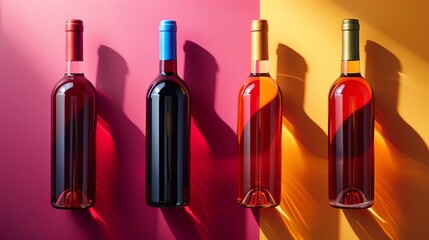 Develop a simple yet vivid visual on a bright background for a social media post promoting fine wines Feature four exquisite wine bottles prominently displayed