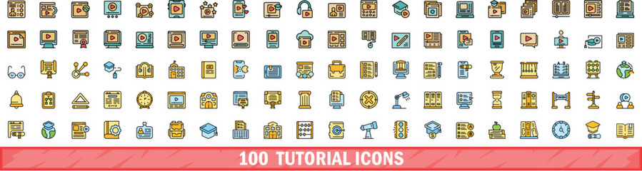 Wall Mural - 100 tutorial icons set. color line set of tutorial vector icons thin line color flat on white