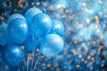 Luxurious blue balloons with sparkling bokeh background, ideal for celebrations, parties, and festive events