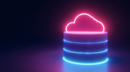 Futuristic cloud data storage concept with glowing neon lights in dark background, representing modern technology and internet data management.