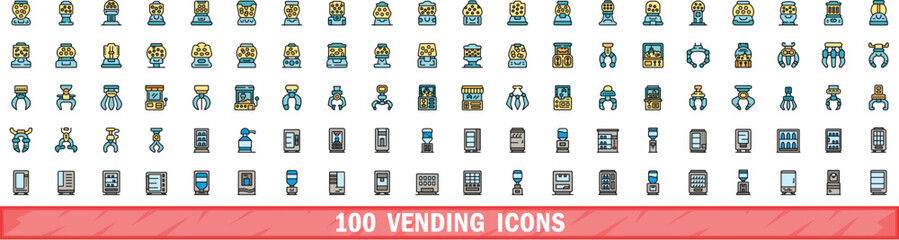 Sticker - 100 vending icons set. Color line set of vending vector icons thin line color flat on white