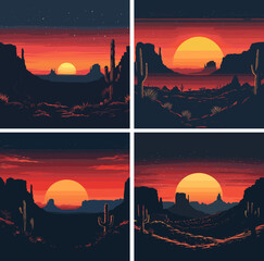 Wall Mural - arid sunset cactus terrain cartoon vector scenes. dusk hills dust rocks sandstone sky mountain twili