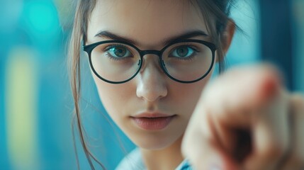 Poster - A woman wearing glasses points at the camera, making eye contact