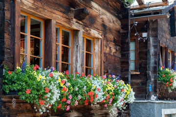 Picturesque chalet window with red flowers in flower box in Zermatt, Switzerland, during summertime