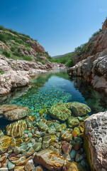 Clear blue water, green hills, and brown rocks create a serene and tranquil summer landscape. 
