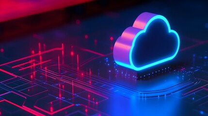 Futuristic neon cloud computing concept showcasing digital data storage and network technology in a vibrant environment.