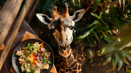 A curious giraffe, brown, green, and orange, looks down at a plate of food, evoking a sense of wonder and amusement, perfect for a wildlife or animal-themed advertisement. 
