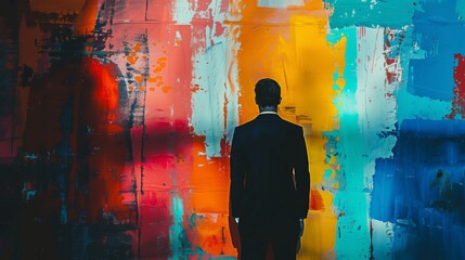 Businessman in Suit Standing in Front of Colorful Abstract