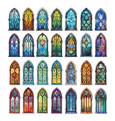 Sticker - Colored crystal windows cartoon vector concepts. Chapel gothic elaborate ornament basilica vintage mosaic conventional craft medieval designs arched components isolated on white backdrop