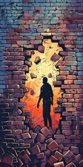 Wall Mural - abstract illustration of success as a person breaking through a brick wall.