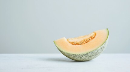 Wall Mural - A juicy cantaloupe melon slice on a white table.