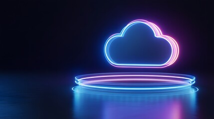 Wall Mural - Futuristic neon cloud symbol on a dark background, representing technology and cloud computing concepts.