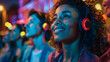 © Fatima - african american woman in gaming zone, silent disco with neon lights