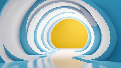 Wall Mural - 3d render, minimal blue yellow background with white clouds flying out the tunnel