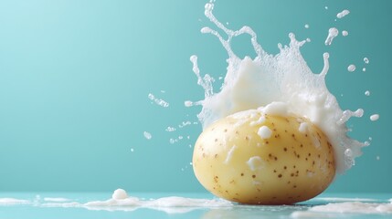 Canvas Print - A potato submerged in a white liquid, with foam splashing upwards.