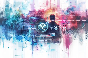 Wall Mural - Artistic watercolor depiction of digital defense.