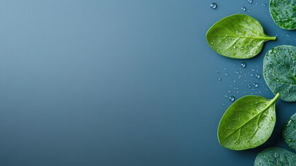 Canvas Print - Fresh green leaves with water droplets on a blue background.