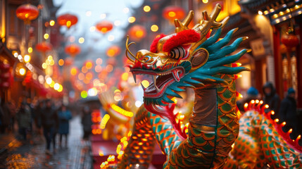 A dragon is on display in a city street with people walking by