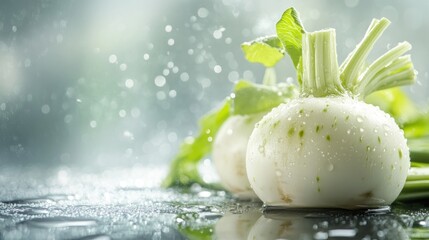 Poster - Fresh white vegetable with green leaves on a wet surface.