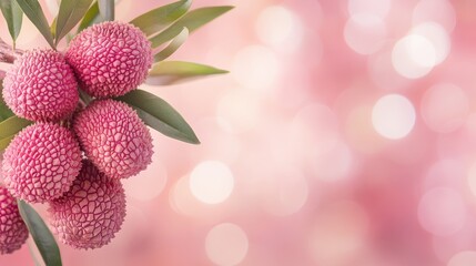 Wall Mural - Close-up of pink lychees with green leaves on a blurred background.